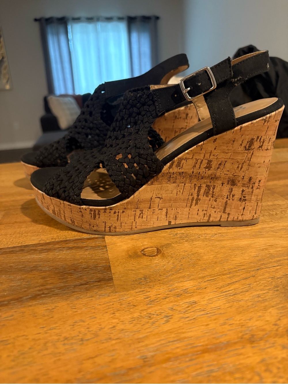 SO Black Woven Cork Wedge Sandals